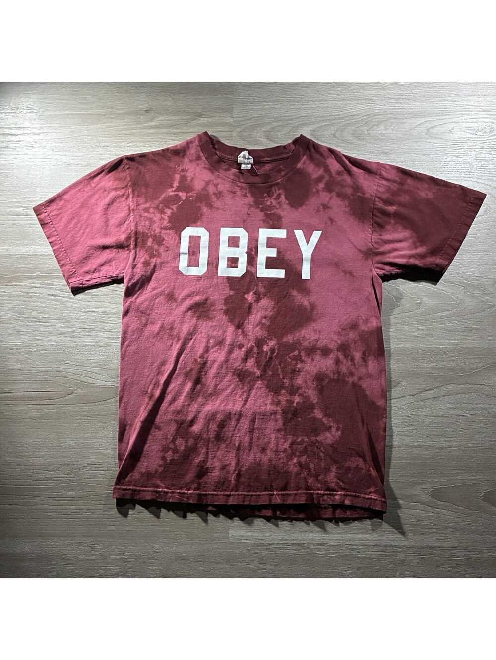Vintage Y2K-Style OBEY Acid Wash Tie-Dye Spellout Tee Men’s M Streetwear Maroon